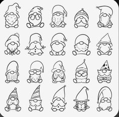 a set of cartoon gnomes with different hats and beards, all in black and white