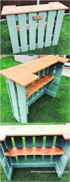 an outdoor bench made out of pallet wood and some green paint on the outside