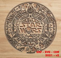 a wooden cutting board with the words star wars on it and an image of darth va