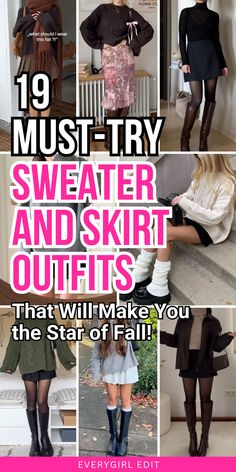 sweater and skirt outfit, sweater and skirt outfits. Fall Skirts And Sweaters, Skirts Sweaters Outfit, How To Style Sweater With Skirt, Skirt Flannel Outfit, Skirt Long Sleeve Top Outfit, Black Sweater With Skirt Outfit, Brown Skirt Outfit Casual, Sweater Over Mini Dress Outfit, Comfy Skirt Outfits Casual