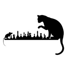 a cat playing chess with a mouse on top of the board, and another cat sitting in front of it