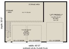 the floor plan for a garage with stairs and storage area on each side is shown