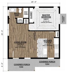 the floor plan for a small house with two bathrooms and an attached kitchenette area