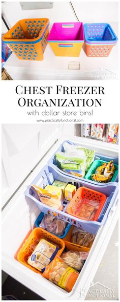 an organized freezer drawer is shown with the words, chest freezer organization