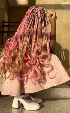 Neopolitan Hair Braids, Pink And Blonde Boho Braids, Neapolitan Hair Braids, Pastel Pink Braids, Braided Hairstyles Pink, Strawberry Shortcake Braids, Pink And Green Braids, Blonde And Pink Box Braids, Pink Hair Inspiration