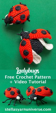 three crocheted ladybugs sitting on top of each other with text overlay