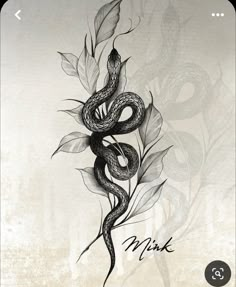 a black and white drawing of a snake with leaves on it's back side