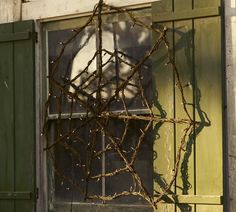 an old window with vines growing out of it