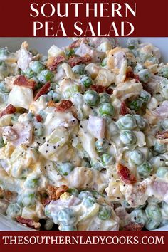 this southern pea salad is loaded with chicken, peas and bacon it's ready to be eaten