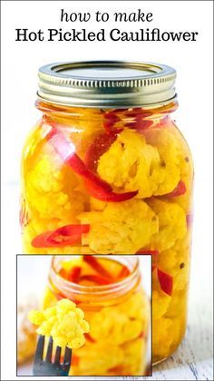 how to make hot pickled cauliflower in a glass jar with a fork