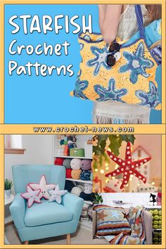 several pictures of different crochet patterns including starfish