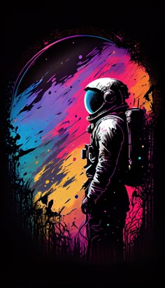 an astronaut with a backpack and paint splattered on his face, standing in front of a colorful background