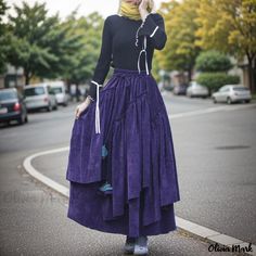 Olivia Mark - Vintage High-Waisted Corduroy Midi Skirt with Belt and Flowy Hem - Thickened Black Black Denim Midi Skirt, Corduroy Midi Skirt, Midi Skirt Vintage, Long Flowy Skirt, Velvet Midi Skirt, Skirt Purple, Midi Flare Skirt, Pleated Long Skirt, Suits Clothing