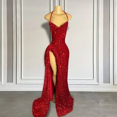 Sexy High Slit Halter Sleeveless Sparkly Red Sequined Long Prom Dresses for Black Girls Gorgeous Prom Dresses, Senior Prom Dresses, Classy Prom Dresses, Stunning Prom Dresses, Dress Idea, Sequin Prom Dress, Prom Ideas, Prom Dress Inspiration, Cute Prom Dresses