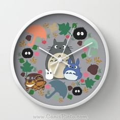 a wall clock with totoro, totoro and other cartoon characters on it