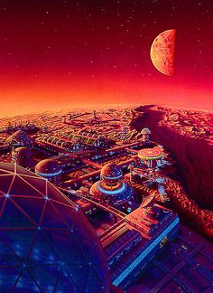 an image of a futuristic city in the distance with a red sky and stars above it