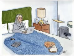 a drawing of a woman sitting in bed with her laptop and cat on the floor