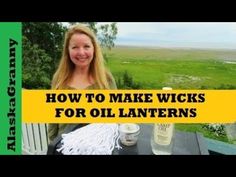 a woman standing next to a table with jars on it and the words diy oil lamps from mason jars and mops