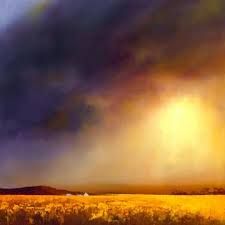 an oil painting of a storm moving across the sky over a yellow field with trees