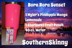 an advertisement for bora bora sunset, with the names and description on it