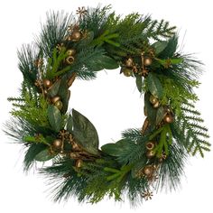 a christmas wreath with green leaves and gold ornaments