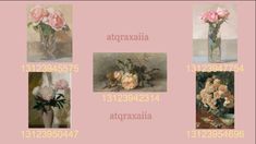 four different pictures of flowers in vases on a pink background with the words atyraxania