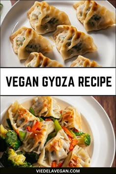 vegan gyoza recipe with broccoli and carrots on a white plate