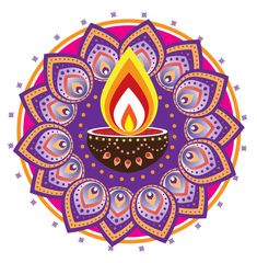 a colorful diya or oil lamp in the middle of a circle with paisley designs