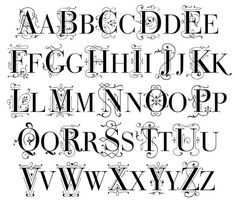 an old fashioned alphabet with letters and numbers in black and white, on a black background