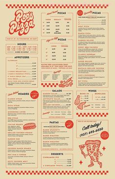 a menu for pizza restaurant with red and white checkered paper on the bottom,