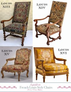 four chairs with different styles and colors