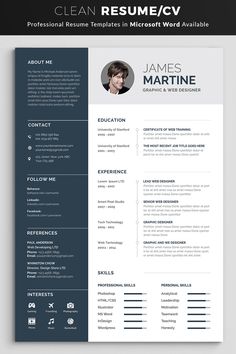 a clean and professional resume template with blue accents on the front, dark gray background