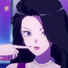 an anime character is pointing to the side with her finger in front of her face