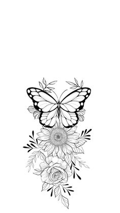 a black and white drawing of a butterfly with flowers