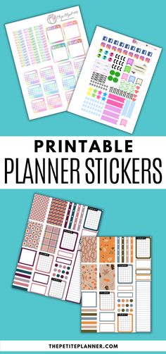 the printable planner stickers are shown in three different colors and sizes with text overlay