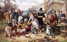 a thanksgiving poster with an image of people and turkeys