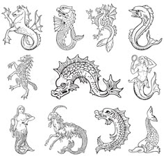 nine different types of dragon symbols in black and white