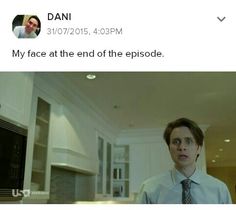 a man wearing a tie standing in front of a microwave with the caption dani 517 / 2075, 429pm my face at the end of the episode