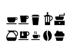 coffee and tea icons are shown in black on a white background, each with different types of cups