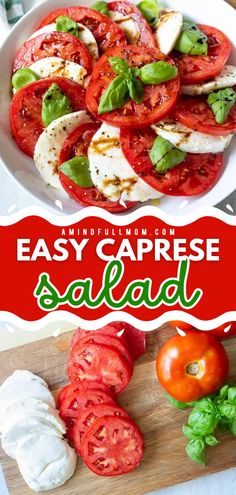 Want more simple BBQ side dishes? Here's a go-to summer salad for BBQs! Made with tomatoes, mozzarella, and basil, this easy Caprese Salad recipe will impress everyone with its classic flavors. Save this Labor Day party food idea! Cherry Tomato Mozzarella Salad, Fresh Mozzarella And Tomato Salad, Cherry Tomato And Mozzarella Salad, Tomato Basil Mozzarella Pasta Salad, Tomato Fresh Mozzarella Basil Salad, Caprese Salad Recipe, Mozzarella Salad, Pasta Side Dishes, Tomato Mozzarella