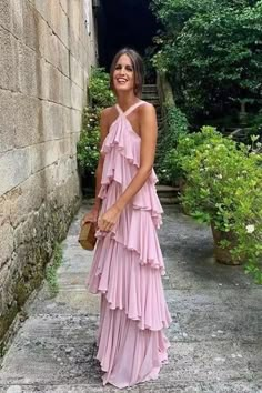 A Line Straps Tiered Chiffon Floor Length Long Prom Dress Pink Bridesmaid Dress Pink And Blue Bridesmaids, Pink Floral Bridesmaid Dresses, Senior Dresses, Bridesmaid Dresses Pink, Long Pink Dress, Prom Dress Pink, Pink Floor, Floral Bridesmaid Dresses, Bridesmaid Attire