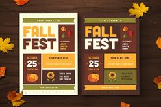 an autumn festival flyer is shown with leaves and pumpkins on the table in front of it