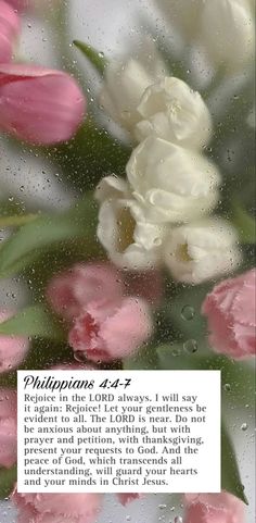 flowers are shown through the window on a rainy day with words written in white and pink