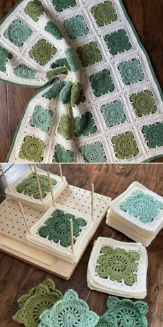 crocheted squares are arranged on a wooden table