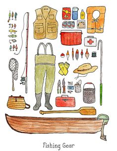 a watercolor and ink drawing of fishing gear on a boat with the words fishing gear written below it