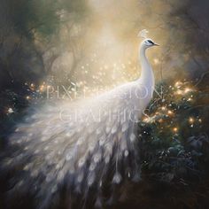 a painting of a white peacock in the woods