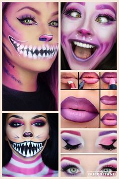 Simple Cheshire Cat Costume, Halloween Costume Ideas With Pink Hair, Women's Cheshire Cat Costume, Cheshire Cat Smile Makeup, Alice In Wonderland Costume Ideas Diy Cheshire Cat, Chesire Cat Costume Women, Simple Cheshire Cat Makeup, Chester Cat Makeup, Halloween Costume With Pink Hair