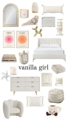 a collage of white furniture and accessories with the words vanilla girl