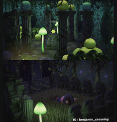 two different views of the same area with mushrooms and other things in it, one is green