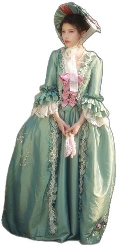 Rococo Victorian Wedding Dress, Elegant Green Dress With Historical Design, Elegant Green Victorian Costume Dress, Marie Antoinette Style Victorian Wedding Dress, Marie Antoinette Style Victorian Dress With Ruffles, Marie Antoinette Victorian Wedding Dress, Elegant Green Victorian Dress For Costume Party, Elegant Victorian Dress With Ruffles And Baroque Shape, Historical Design Vintage Dress For Costume